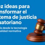 Gráfico con el título ‘Diez ideas para transformar el sistema de justicia ecuatoriano’ junto a un mazo judicial sobre fondo azul.